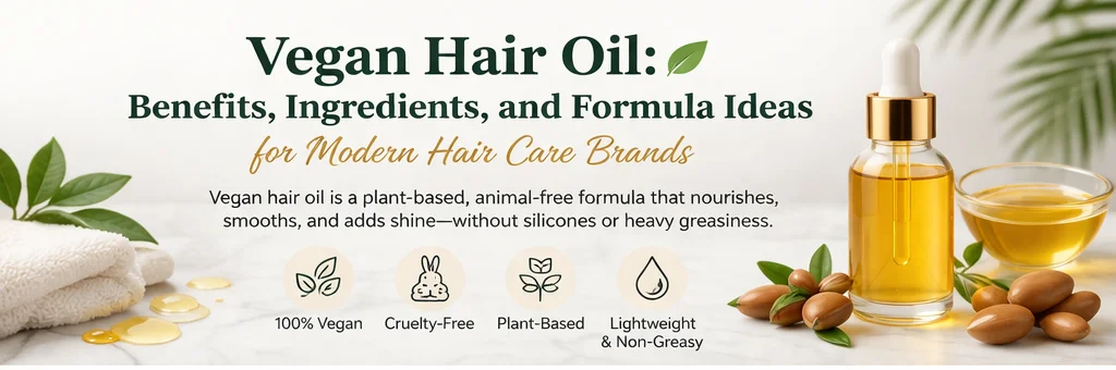 Vegan hair oil concept with benefits, ingredients, and formula ideas for modern brands. Displayed with oil bottle and natural elements.